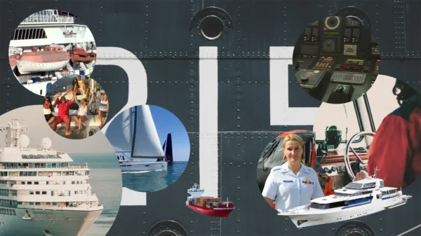 Collage de la Formación básica STCW: crucero con botes salvavidas, grupo con chalecos, velero, mercante, oficial y yate.