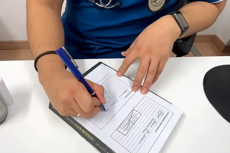 Facultativo anotando observaciones en el dorso de un certificado médico náutico Facultativo anotando observaciones en el dorso de un certificado médico náutico