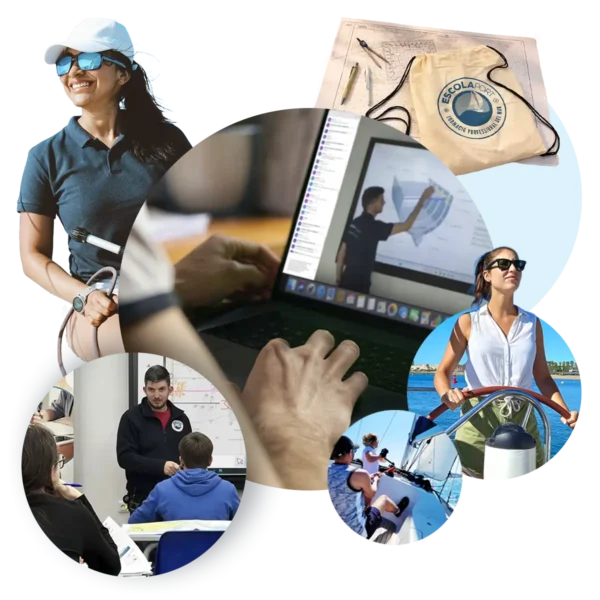 Collage amb alumna al timó, classes del curs PER, formació online o presencial i pràctiques de navegació a Barcelona