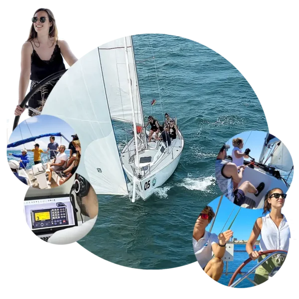Collage de prácticas del PER en Barcelona de Escola Port con navegación a vela, maniobras a bordo y práctica de radio