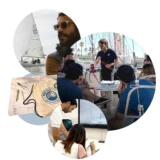 Instructor explicant a bord, classe de carta nàutica a l'aula i kit carta del curs PER intensiu
