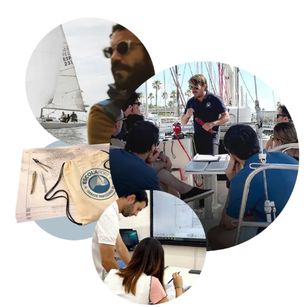 Instructor explicant a bord, classe de carta nàutica a l'aula i kit carta del curs PER intensiu