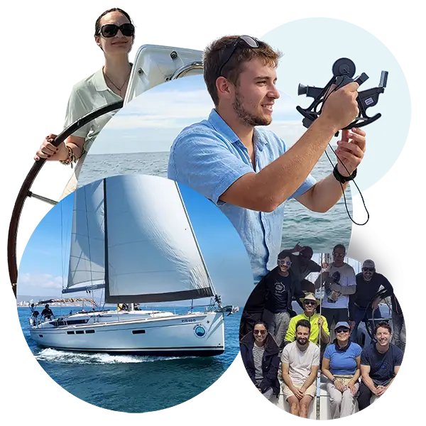 Alumnos del título Capitán de yate: práctica con el sextante, una alumna en el timón, un velero de crucero y el grupo a bordo.