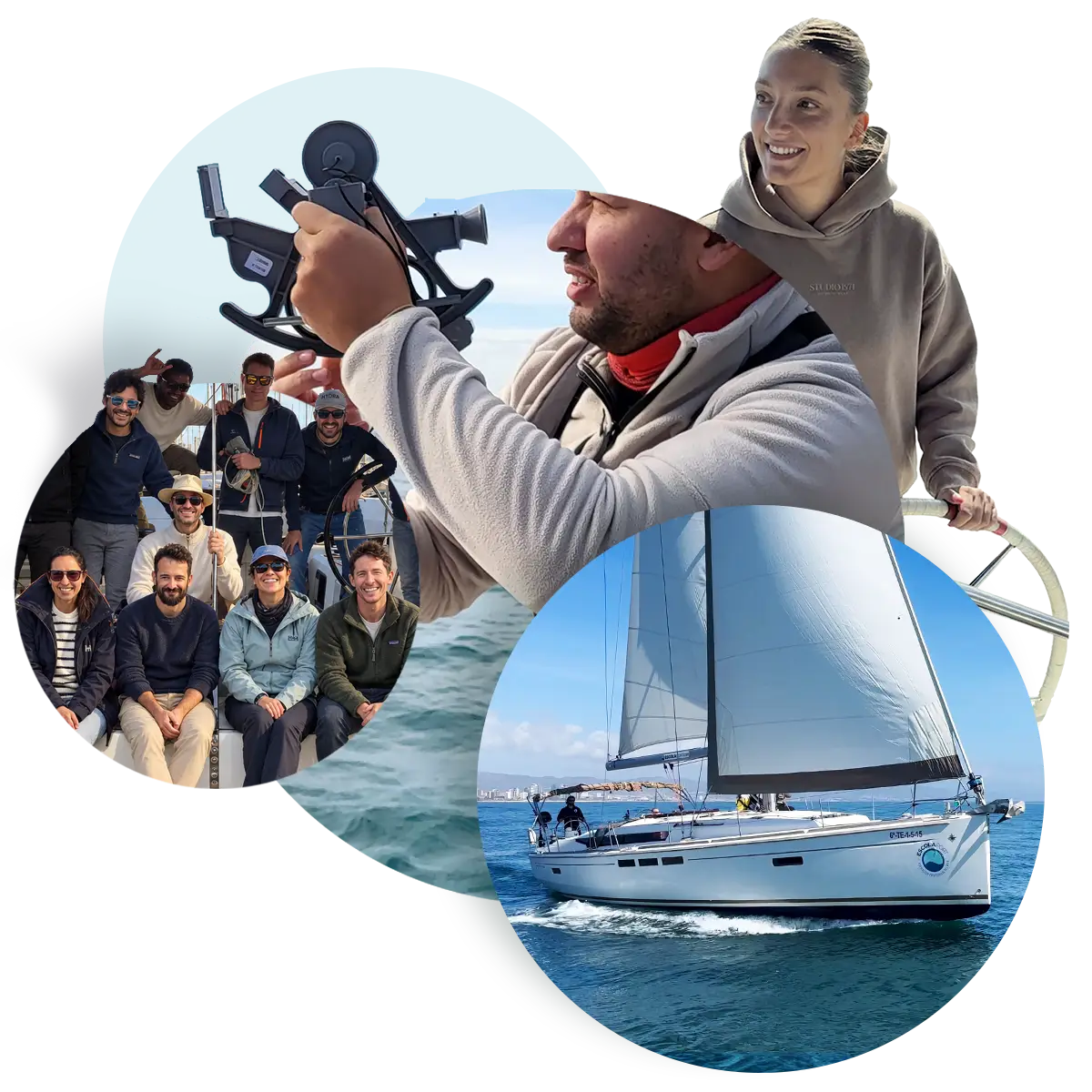 Curso Capitán de yate: práctica con el sextante, una chica en el timón y el velero de prácticas navegando en otoño.