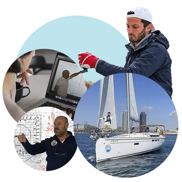 Collage del Patrón de yate a tu ritmo: clase online, carta náutica en el aula, alumno con el wich y velero delante de Barcelona.