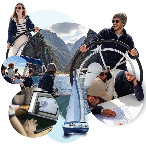 Collage del PER a bord a la tardor: al timó del veler, carta nàutica a coberta, classe online i arribada a Sa Calobra.