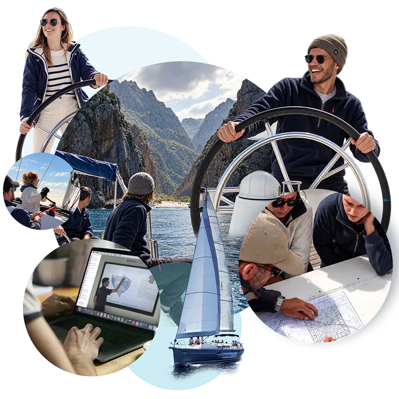 Collage del PER a bordo en otoño: al timón del velero, carta náutica en cubierta, clase online y llegada a Sa Calobra.